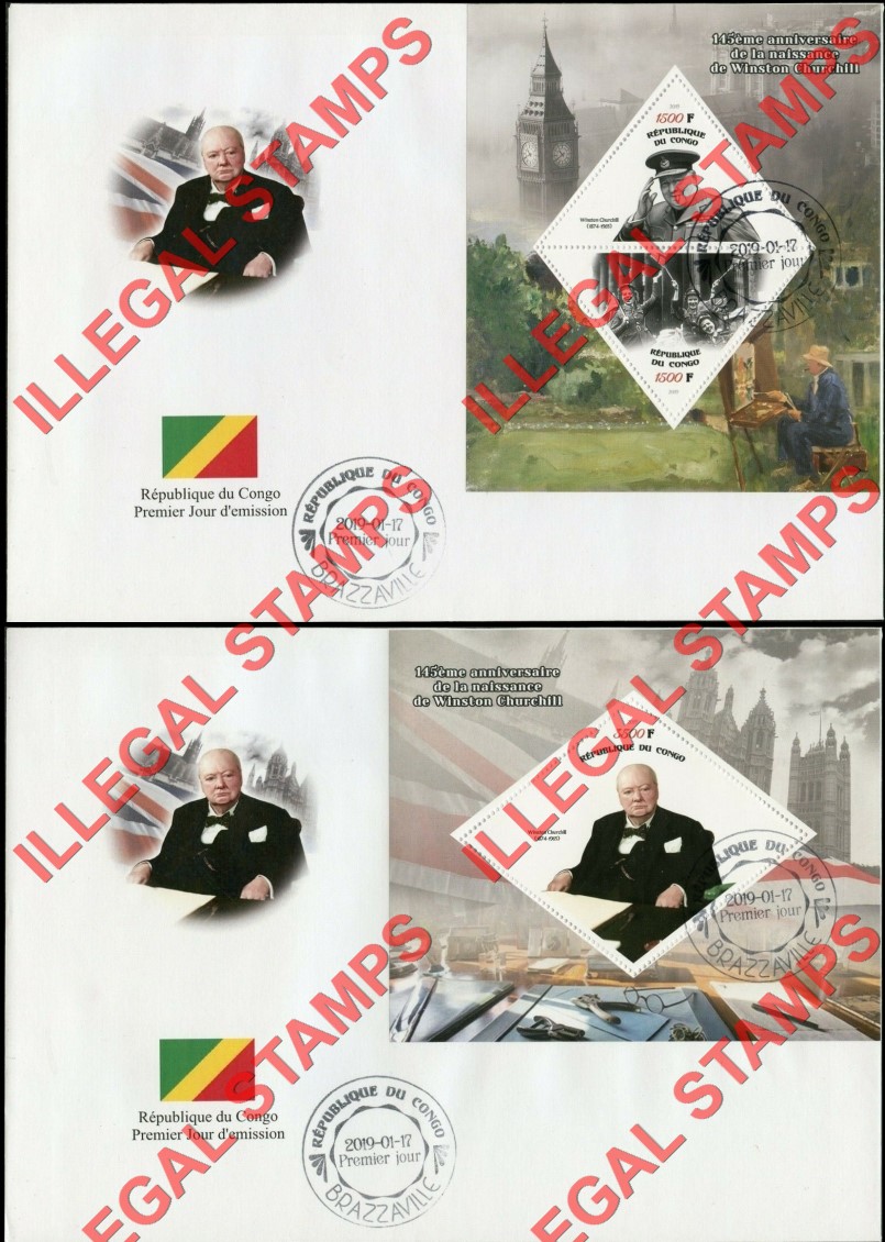 Congo Republic 2019 Winston Churchill Illegal Stamp Souvenir Sheets of 2 and 1 on Fake First Day Covers
