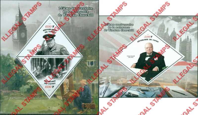 Congo Republic 2019 Winston Churchill Illegal Stamp Souvenir Sheets of 2 and 1
