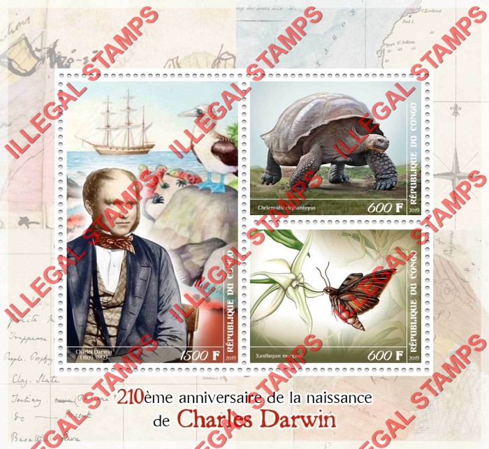 Congo Republic 2019 Charles Darwin Illegal Stamp Souvenir Sheet of 3