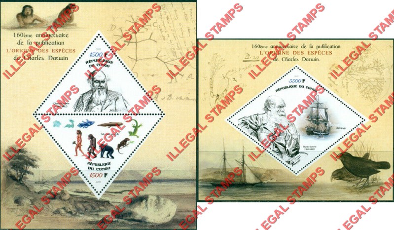 Congo Republic 2019 Charles Darwin Illegal Stamp Souvenir Sheets of 2 and 1
