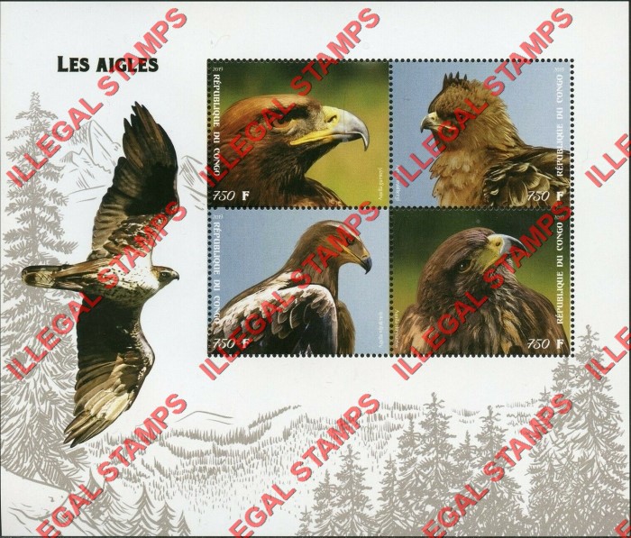 Congo Republic 2019 Eagles Illegal Stamp Souvenir Sheet of 4