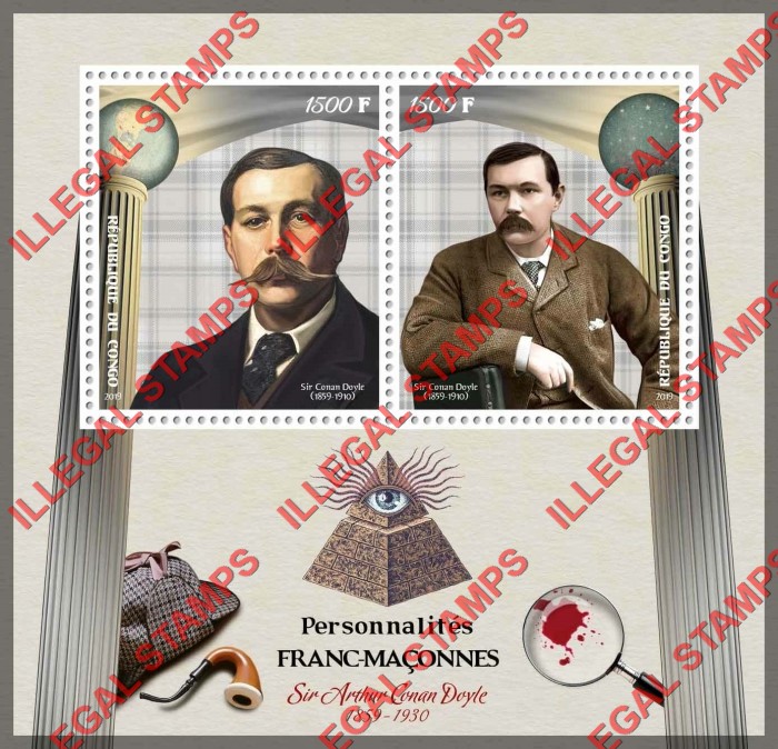 Congo Republic 2019 Freemasons Arthur Conan Doyle Illegal Stamp Souvenir Sheet of 2