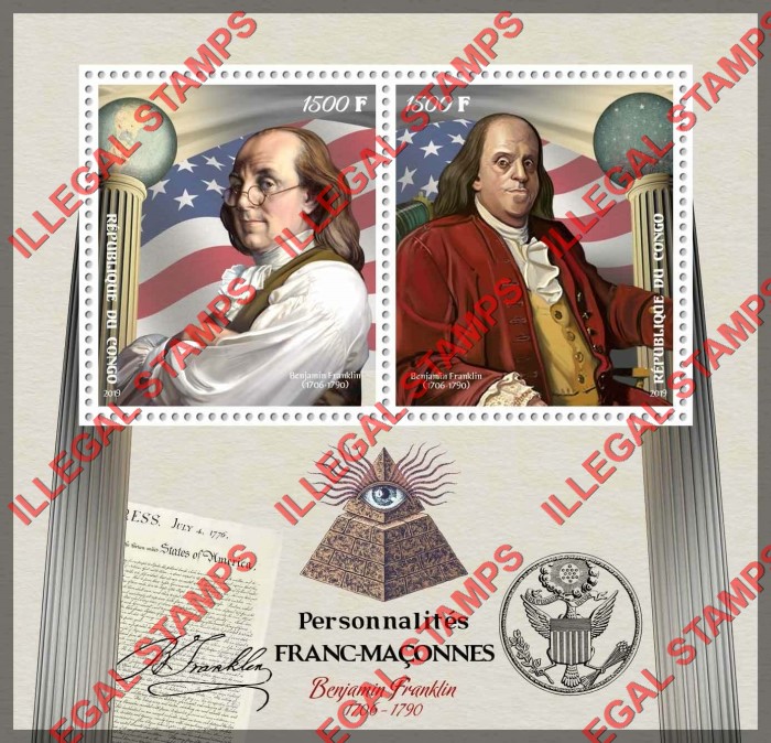Congo Republic 2019 Freemasons Benjamin Franklin Illegal Stamp Souvenir Sheet of 2