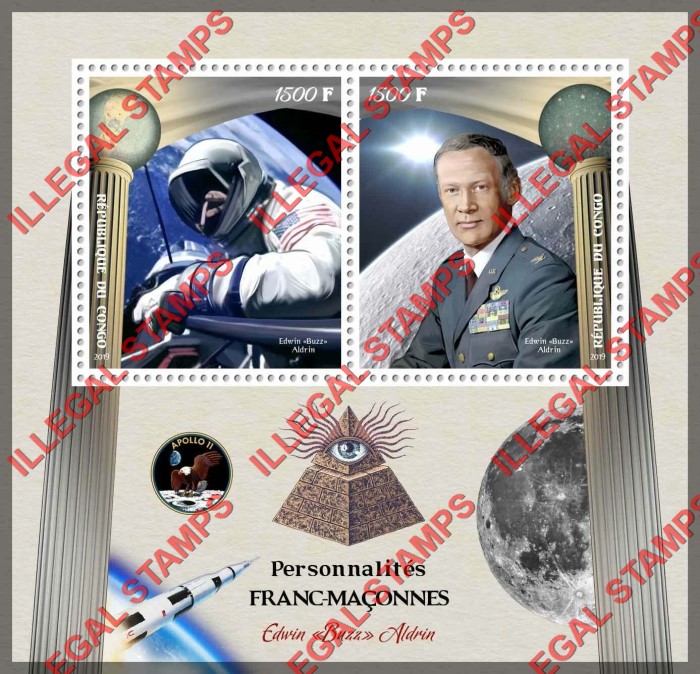 Congo Republic 2019 Freemasons Edwin Buzz Aldrin Illegal Stamp Souvenir Sheet of 2