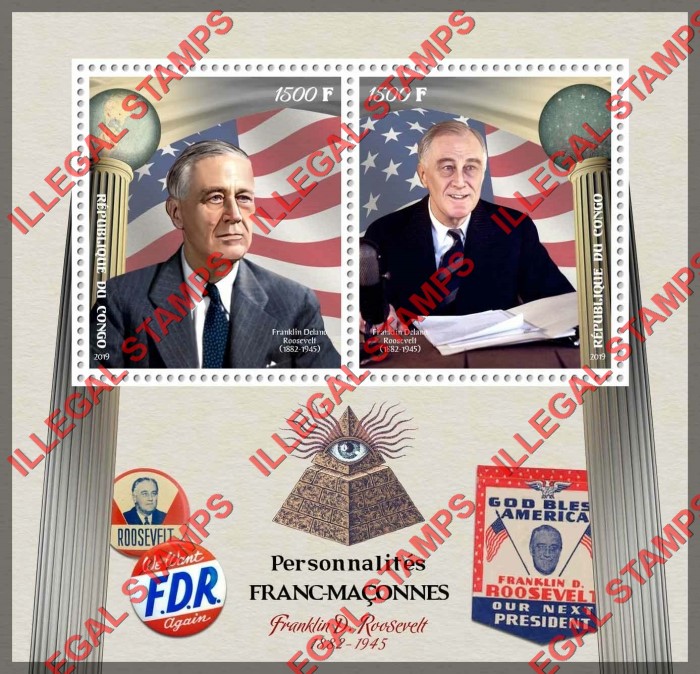 Congo Republic 2019 Freemasons Franklin D. Roosevelt Illegal Stamp Souvenir Sheet of 2