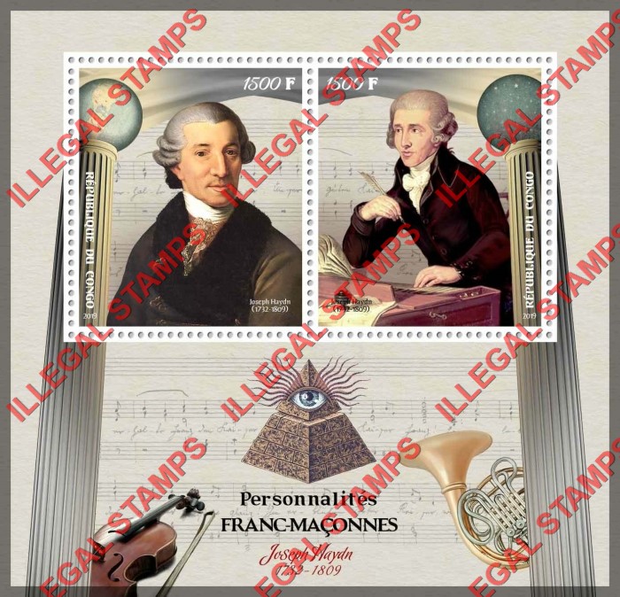 Congo Republic 2019 Freemasons Joseph Haydn Illegal Stamp Souvenir Sheet of 2