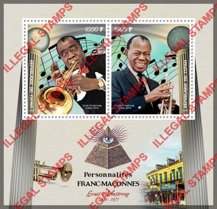 Congo Republic 2019 Freemasons Louis Armstrong Illegal Stamp Souvenir Sheet of 2