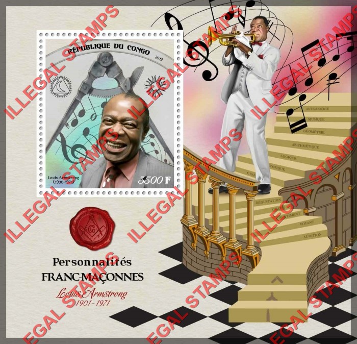 Congo Republic 2019 Freemasons Louis Armstrong Illegal Stamp Souvenir Sheet of 1