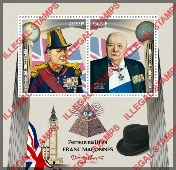 Congo Republic 2019 Freemasons Winston Churchill Illegal Stamp Souvenir Sheet of 2