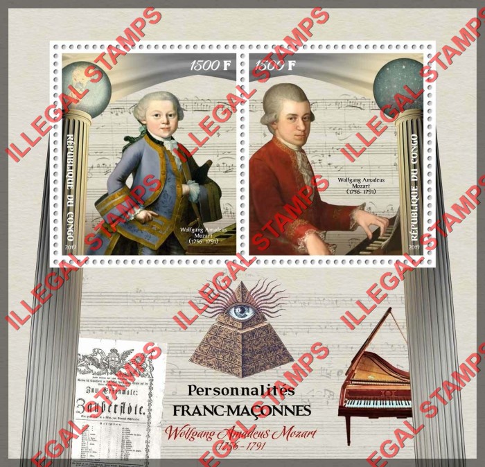 Congo Republic 2019 Freemasons Wolfgang Mozart Illegal Stamp Souvenir Sheet of 2