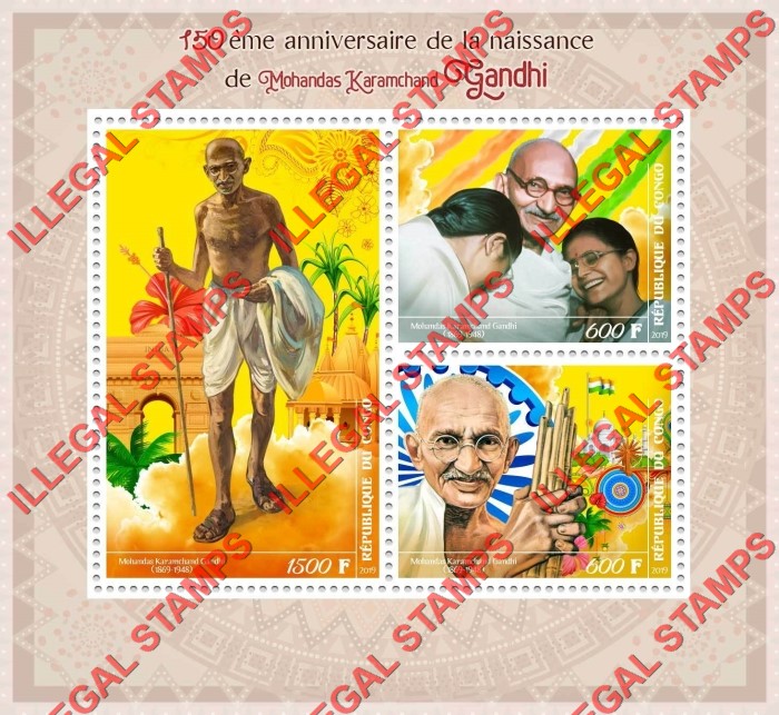 Congo Republic 2019 Gandhi Illegal Stamp Souvenir Sheet of 3