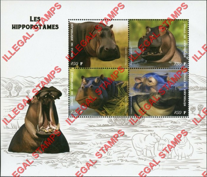 Congo Republic 2019 Hippopotamus Illegal Stamp Souvenir Sheet of 4