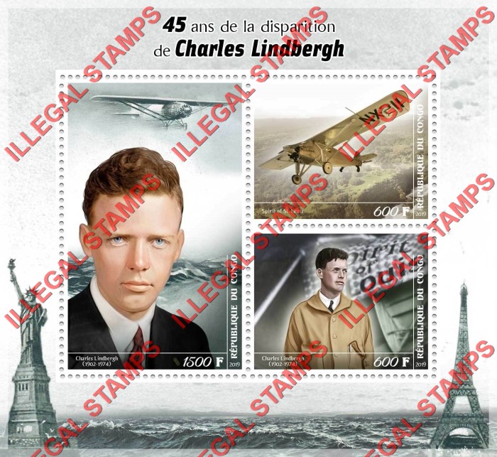 Congo Republic 2019 Charles Lindbergh Illegal Stamp Souvenir Sheet of 3