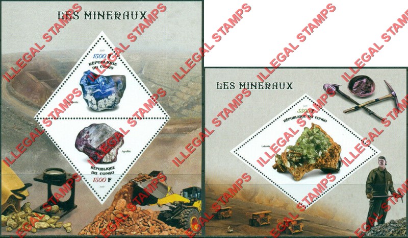 Congo Republic 2019 Minerals Illegal Stamp Souvenir Sheets of 2 and 1