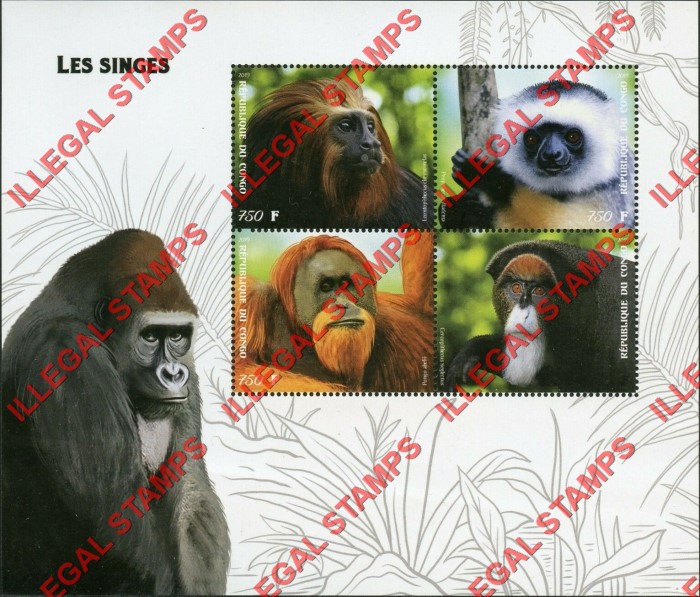 Congo Republic 2019 Monkeys Illegal Stamp Souvenir Sheet of 4