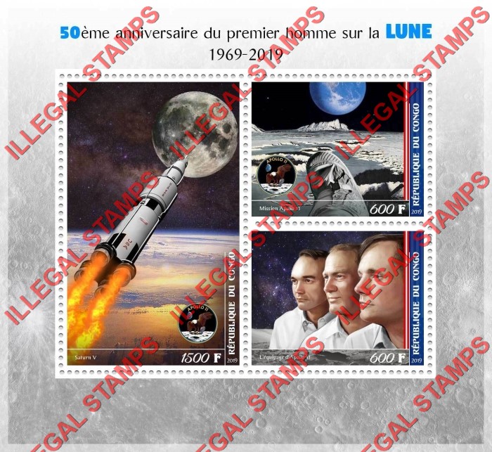 Congo Republic 2019 Space Apollo Illegal Stamp Souvenir Sheet of 3