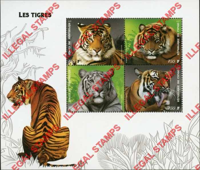 Congo Republic 2019 Tigers Illegal Stamp Souvenir Sheet of 4
