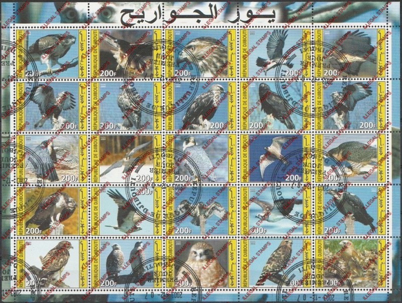Djibouti 2003 Birds of Prey Illegal Stamp Sheet of 25