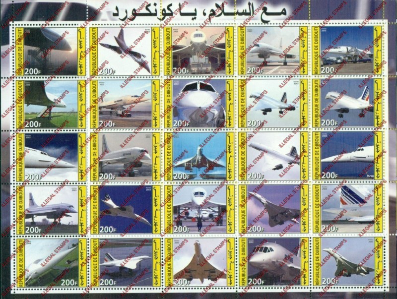 Djibouti 2003 Concorde Illegal Stamp Sheet of 25