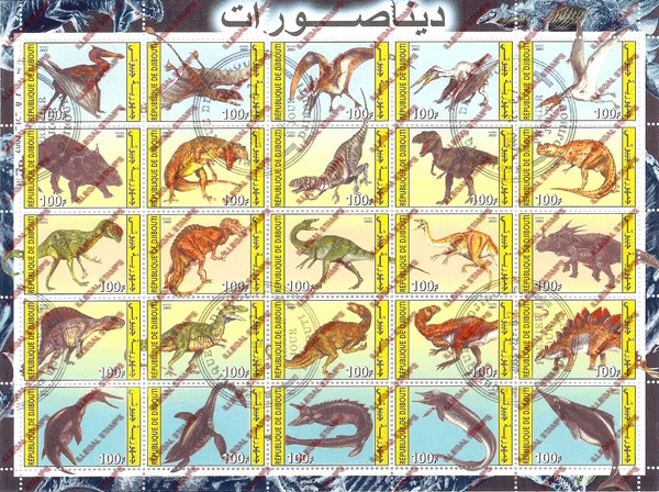 Djibouti 2003 Dinosaurs Illegal Stamp Sheet of 25
