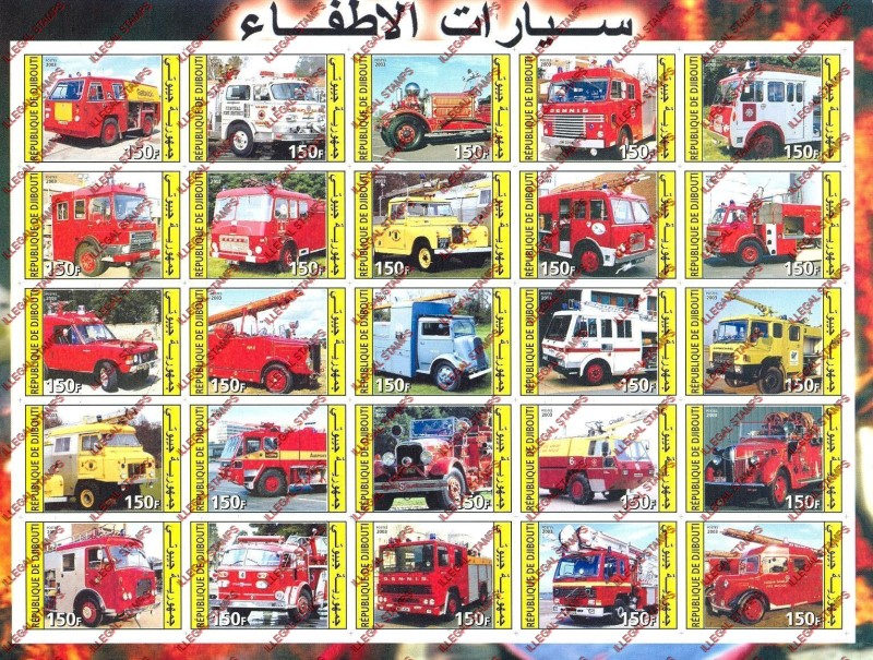Djibouti 2003 Fire Engines Illegal Stamp Sheet of 25 Sheet 1