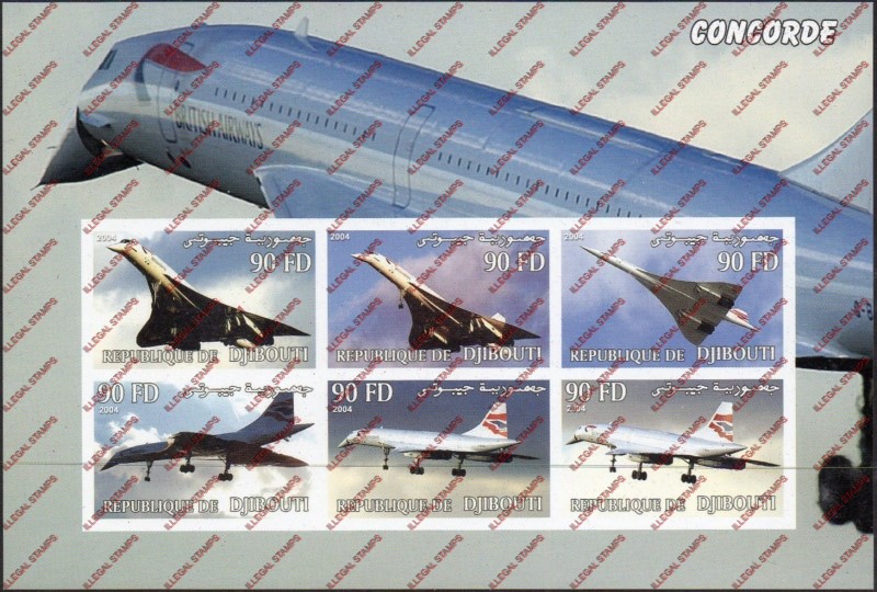 Djibouti 2004 Concorde Illegal Stamp Sheetlet of 6