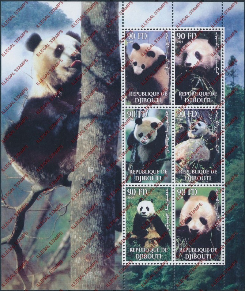 Djibouti 2004 Panda Illegal Stamp Sheetlet of 6