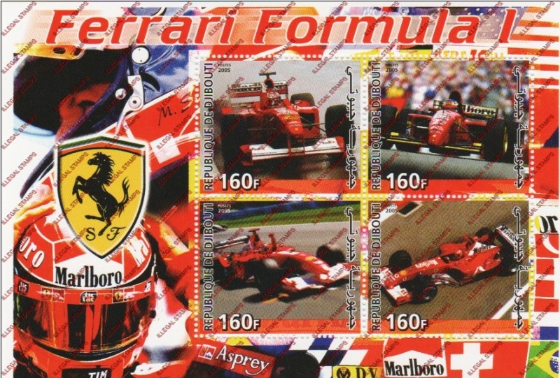 Djibouti 2005 Ferrari Formula I Illegal Stamp Souvenir Sheet of 4