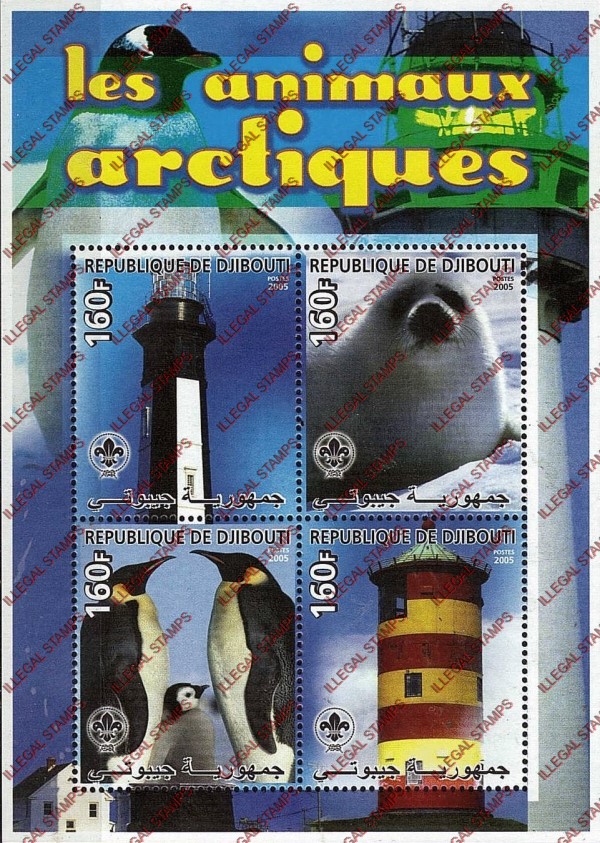 Djibouti 2005 Lighthouses and Arctic Animals Illegal Stamp Souvenir Sheet of 4