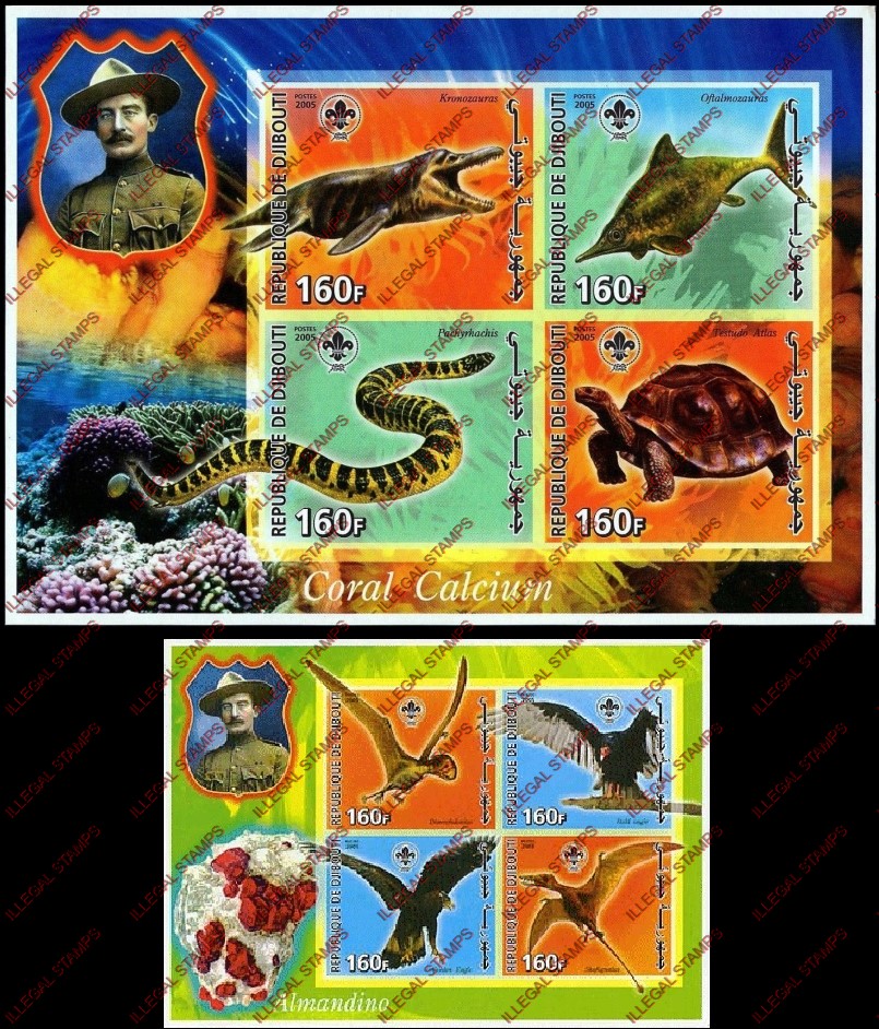 Djibouti 2005 Prehistoric Animals Illegal Stamp Souvenir Sheets of 4