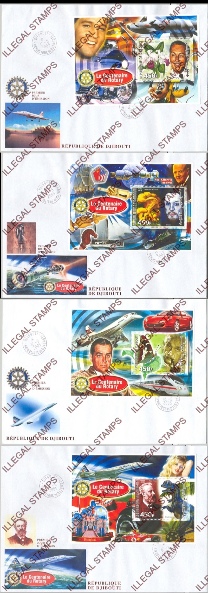 Djibouti 2005 Centenary of Rotary International Illegal Stamp Souvenir Sheets on Bogus First Day Covers