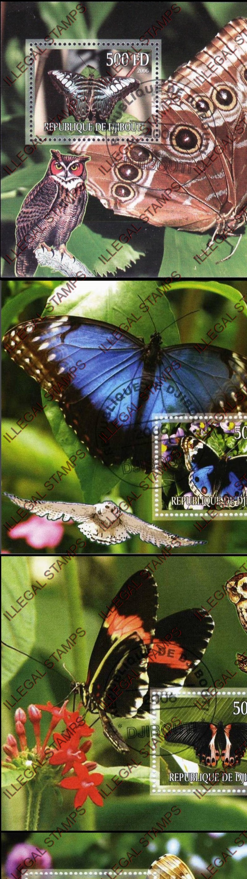 Djibouti 2006 Butterflies and Owls Illegal Stamp Souvenir Sheets of 1
