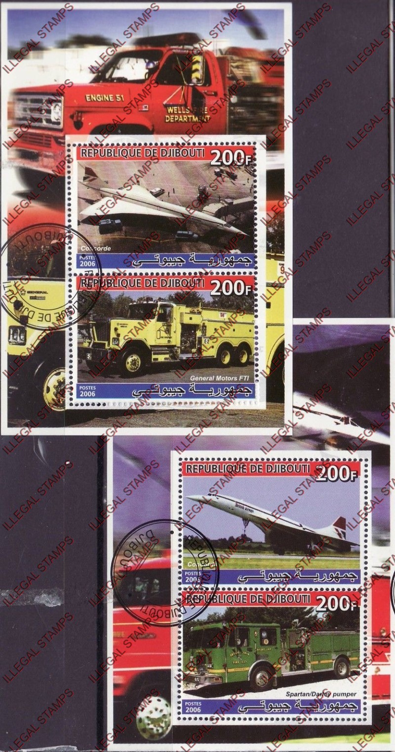 Djibouti 2006 Concorde and Fire Engines Illegal Stamp Souvenir Sheets of 2