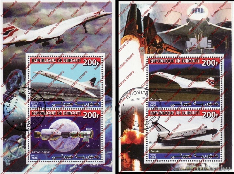 Djibouti 2006 Concorde and Apollo-Soyuz and Space Shuttle Illegal Stamp Souvenir Sheets of 2
