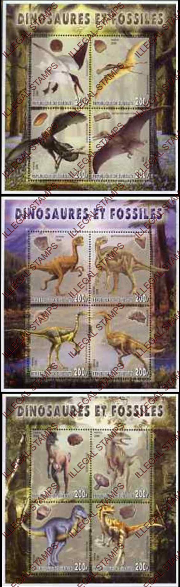 Djibouti 2006 Dinosaurs and Fossils Illegal Stamp Souvenir Sheets of 4