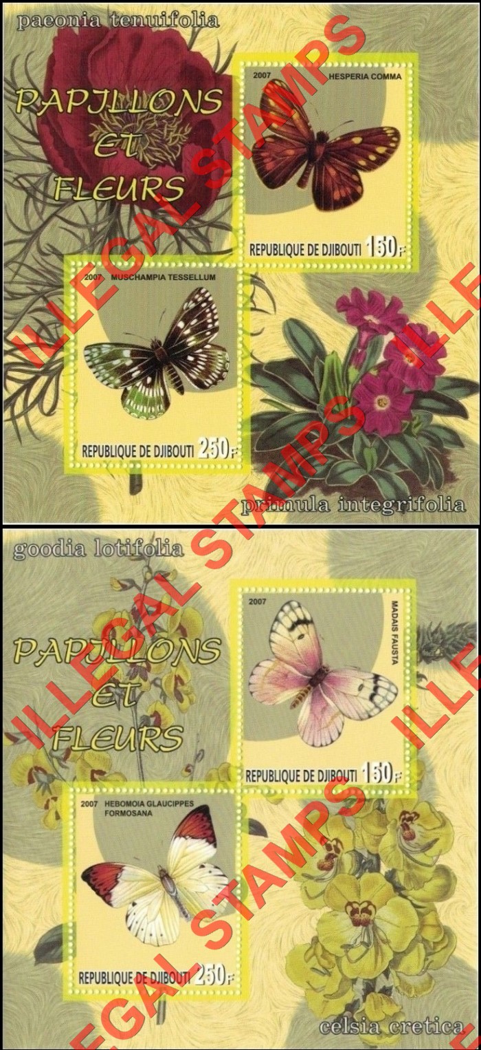 Djibouti 2007 Butterflies and Flowers Illegal Stamp Souvenir Sheets of 2