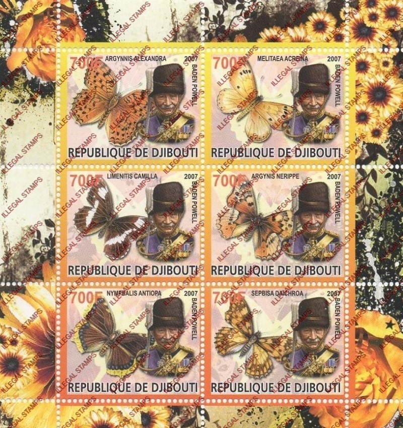 Djibouti 2007 Butterflies and Baden Powell Illegal Stamp Souvenir Sheetlet of 6