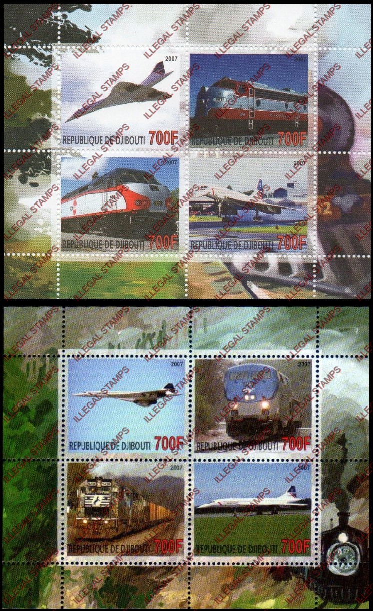 Djibouti 2007 Concorde and Trains Illegal Stamp Souvenir Sheets of 4