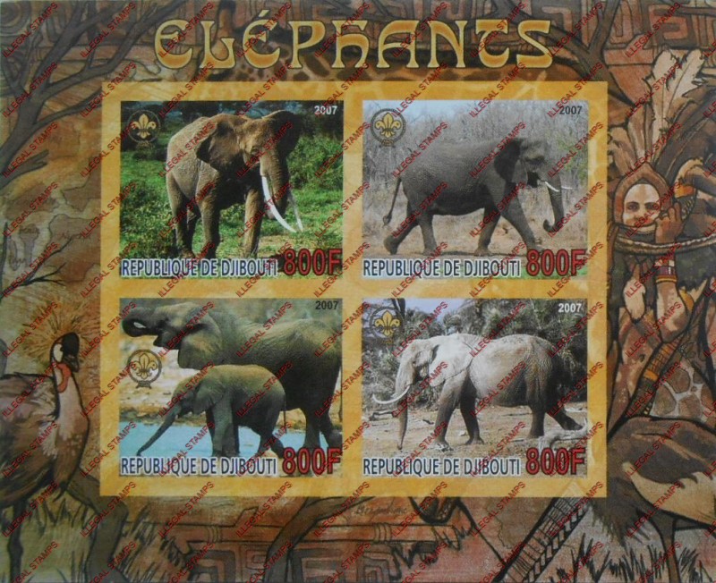 Djibouti 2007 Elephants Illegal Stamp Souvenir Sheet of 4