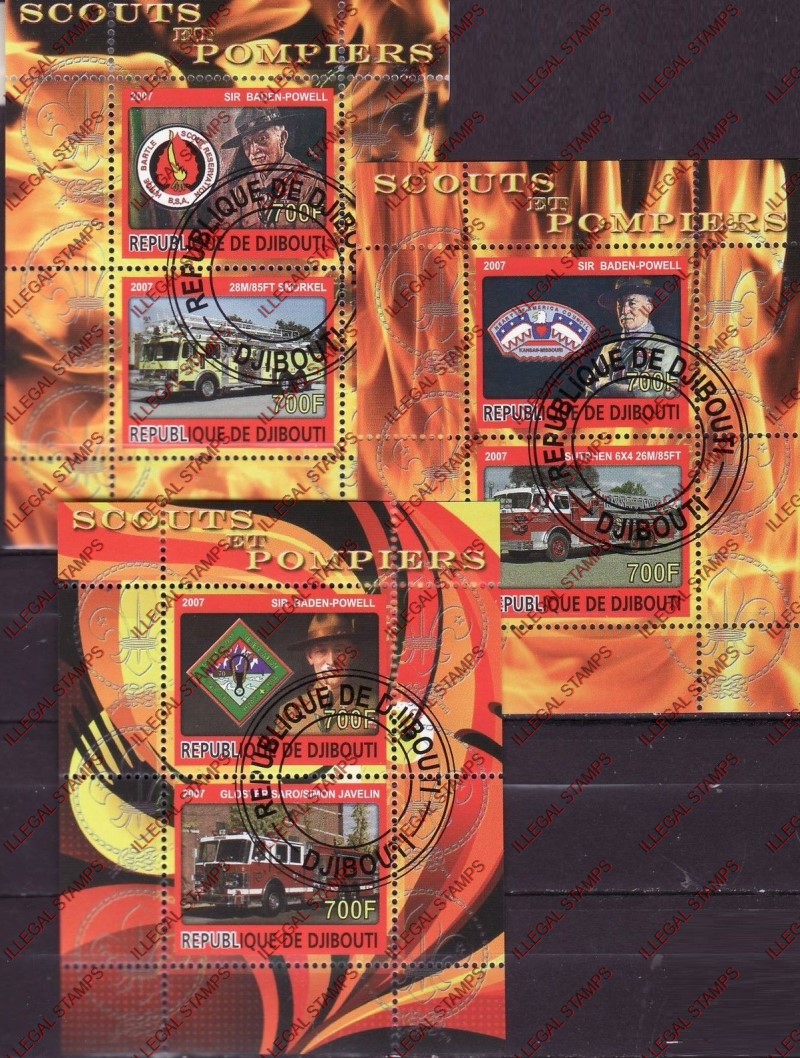 Djibouti 2007 Fire Engines and Scouts Illegal Stamp Souvenir Sheets of 2
