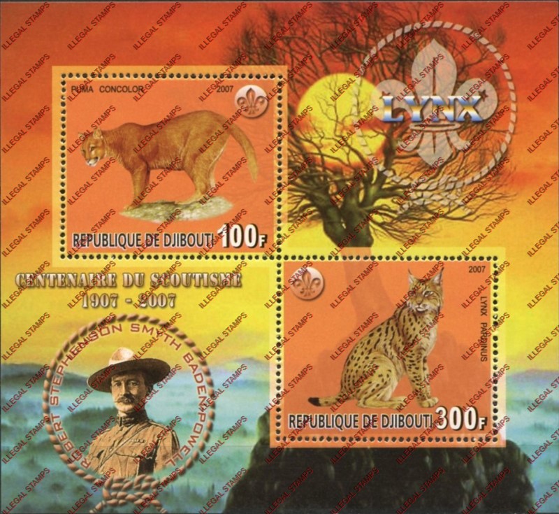 Djibouti 2007 Lynx and Scouts Illegal Stamp Souvenir Sheet of 2