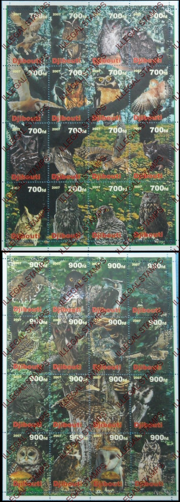 Djibouti 2007 Owls Illegal Stamp Sheetlets of 16