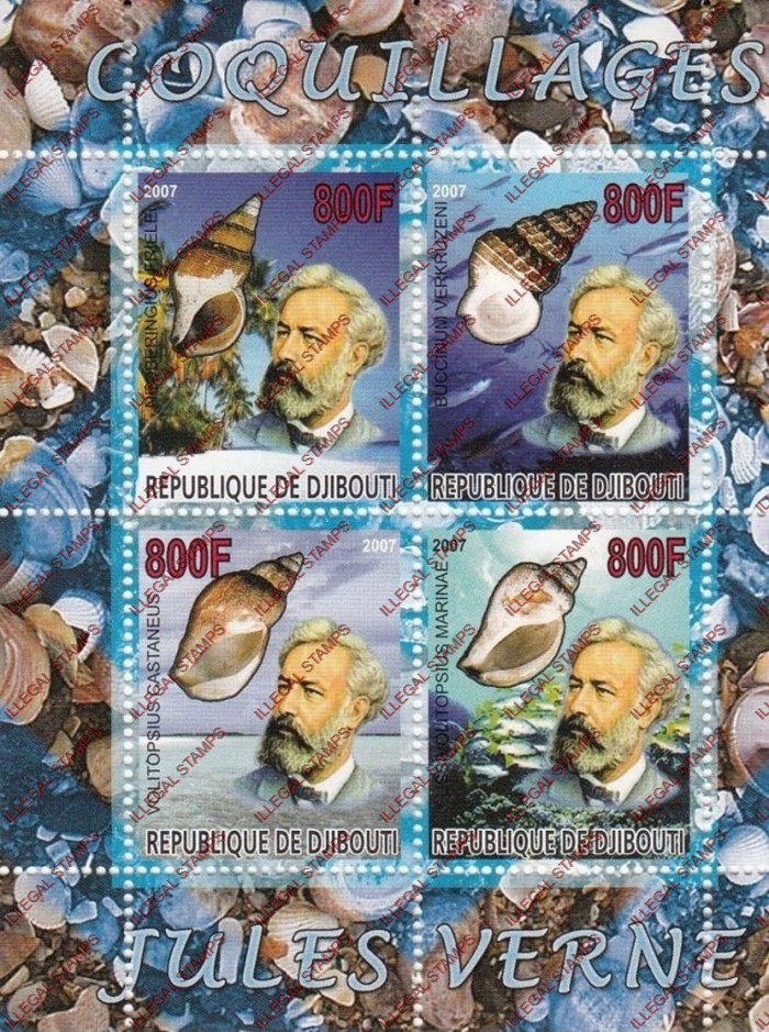Djibouti 2007 Shells and Jules Verne Illegal Stamp Souvenir Sheet of 4