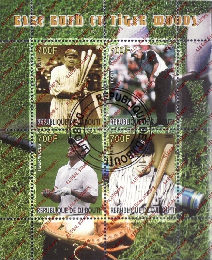 Djibouti 2007 Tiger Woods and Babe Ruth Illegal Stamp Souvenir Sheet of 4