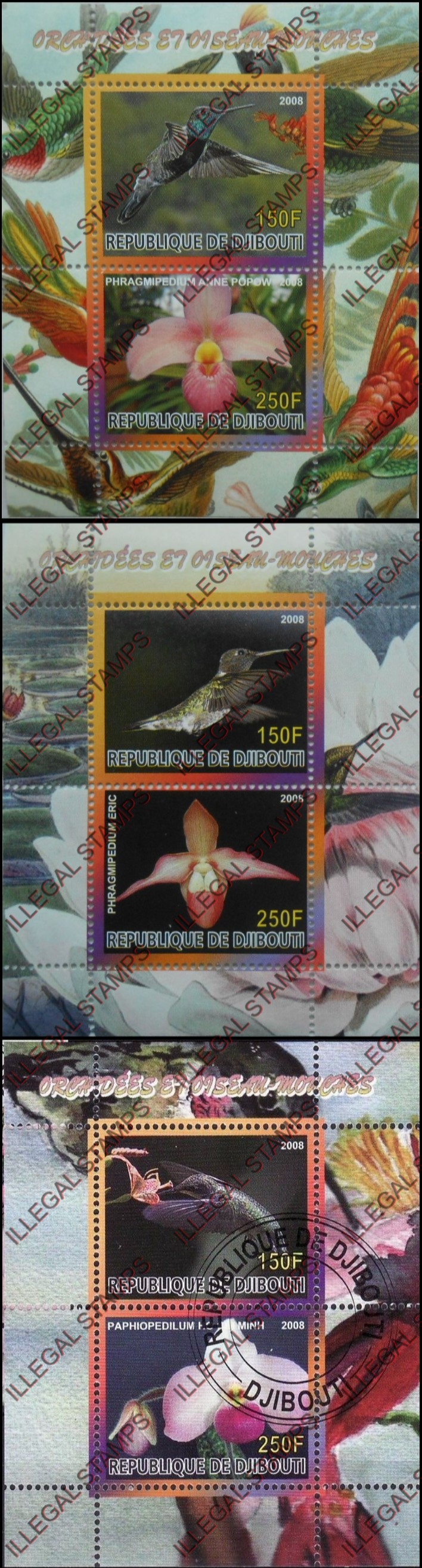 Djibouti 2008 Birds and Orchids Illegal Stamp Souvenir Sheets of 2