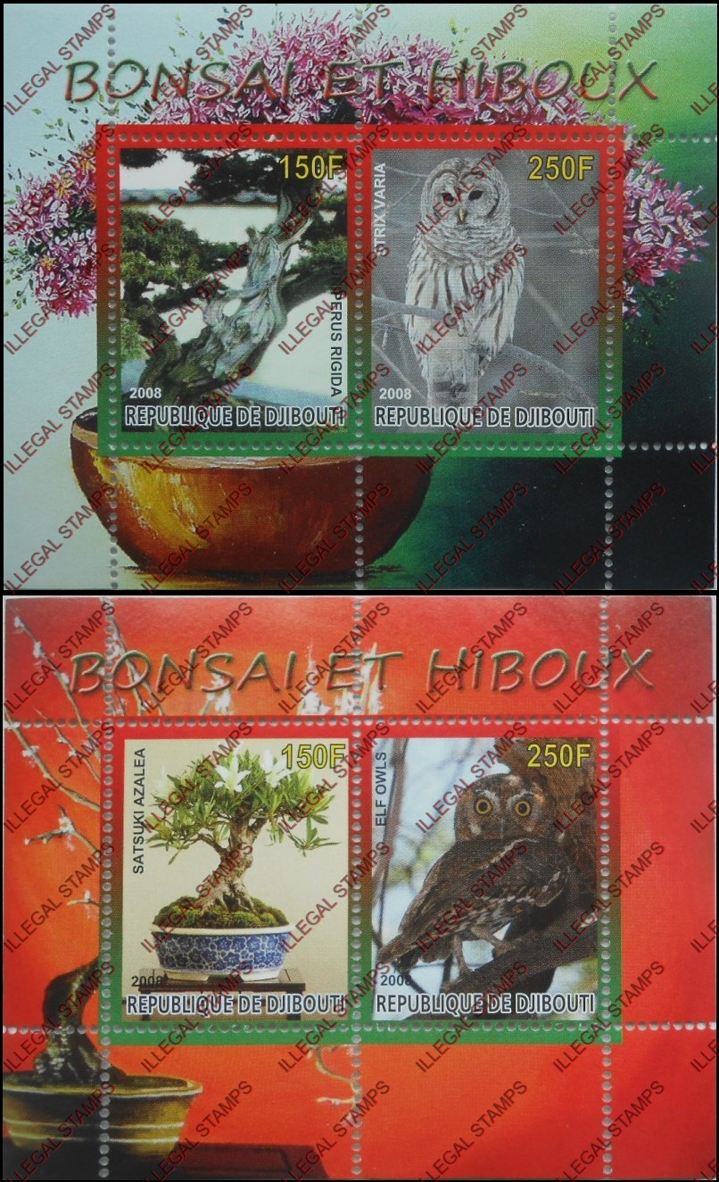 Djibouti 2008 Bonzai Trees and Owls Illegal Stamp Souvenir Sheets of 2