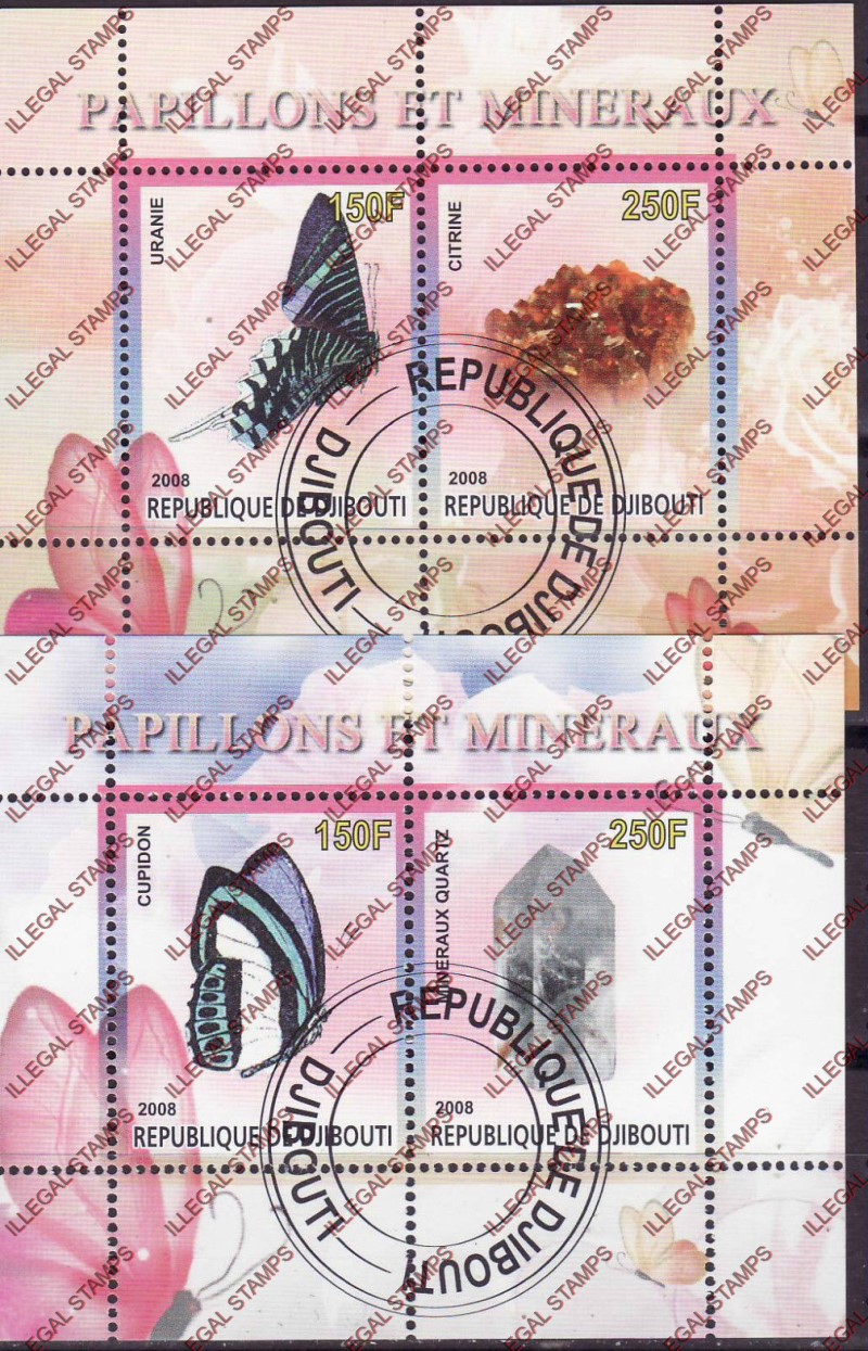 Djibouti 2008 Butterflies and Minerals Illegal Stamp Souvenir Sheets of 2