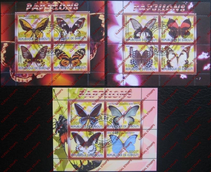 Djibouti 2008 Butterflies Illegal Stamp Souvenir Sheets of 4