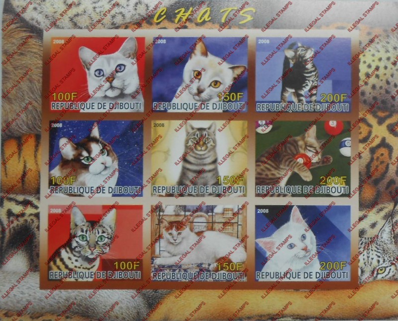 Djibouti 2008 Cats Illegal Stamp Sheetlet of 9
