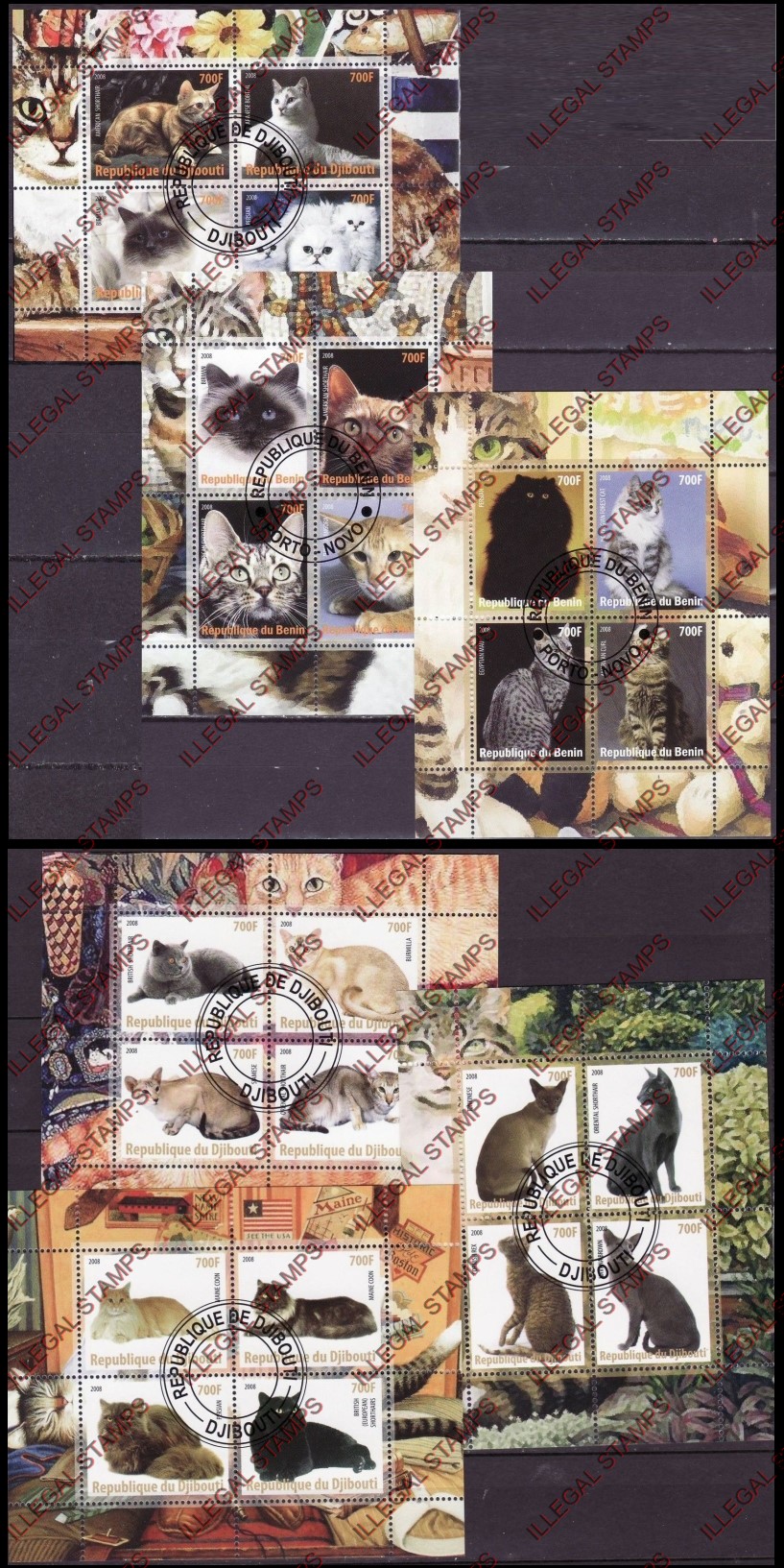 Djibouti 2008 Cats Illegal Stamp Souvenir Sheets of 4